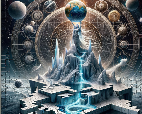 Mystical Landscape with Icy Mountain and Celestial Bodies