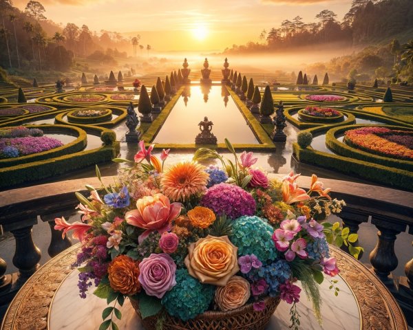 Vibrant Flower Arrangement in Decorative Basket at Sunrise