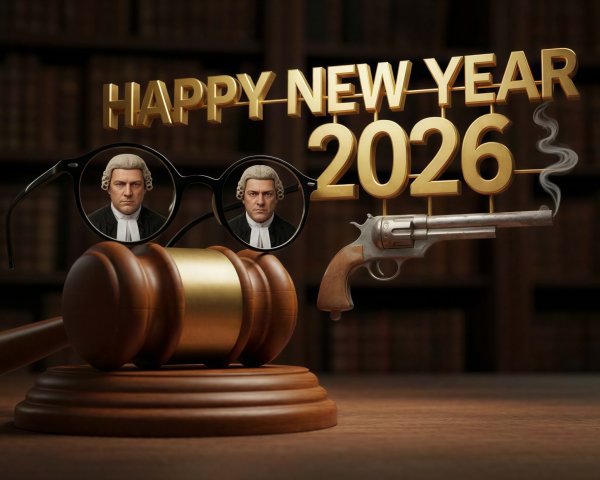 3D Render of Gavel with Spectacles and New Year Theme