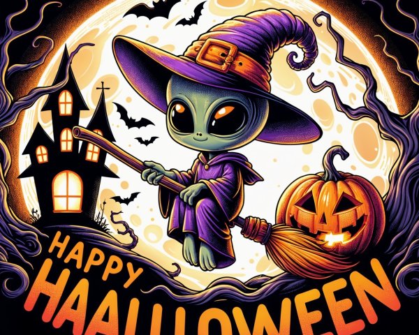 Alien in Witch Hat Flying Over Halloween Scene