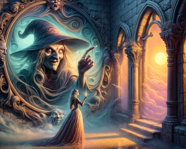 Mystical Chamber with Woman, Candle, and Eerie Mirror