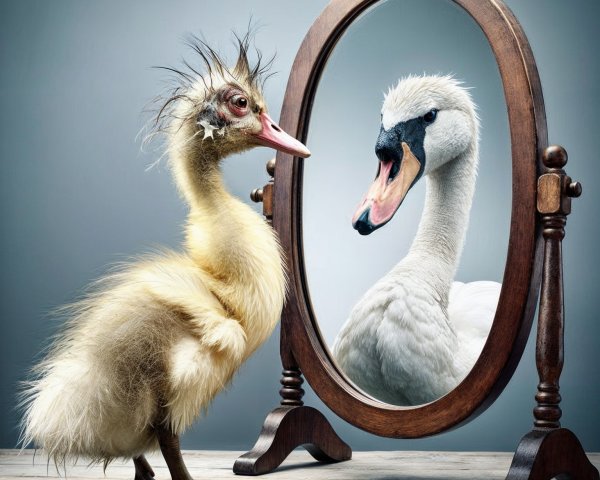 Duckling Gazing at Swan Reflection in Ornate Mirror