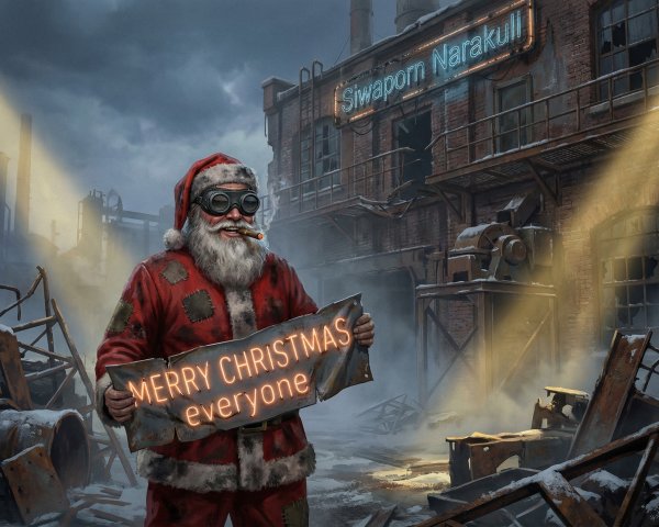 Santa Claus in a post-apocalyptic industrial landscape
