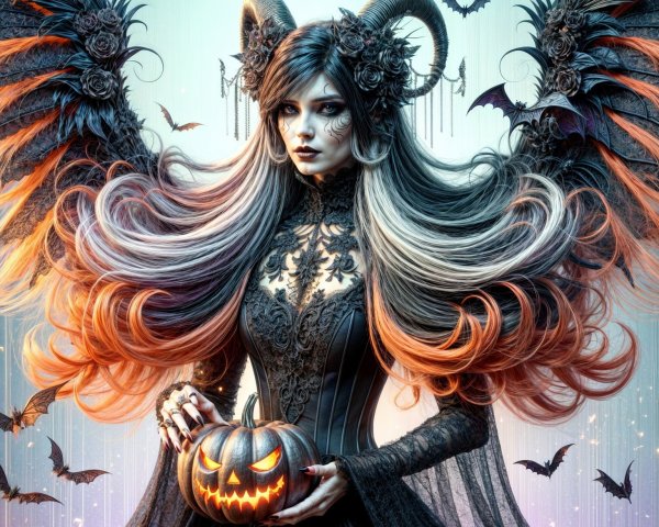 Gothic figure with bats, lace gown, and carved pumpkin