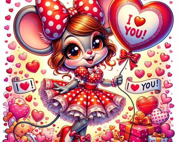 Cartoon Mouse with Heart Balloon and Colorful Hearts