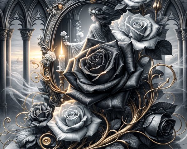 Black and White Roses with Golden Vines and Gothic Elements