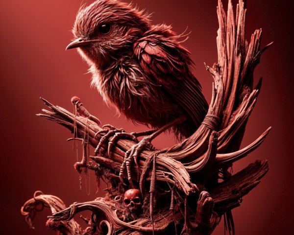 Fluffy Bird on Twisted Branch in Red-Hued Scene