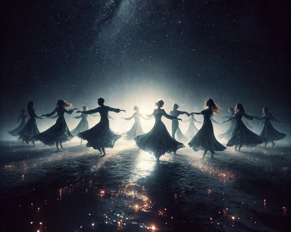 Ethereal Dance of Figures in a Dark Landscape
