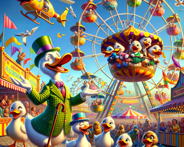 Whimsical Carnival Scene with Dapper Duck and Ducklings