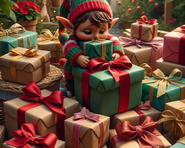 Cheerful elf doll with gifts in festive setting