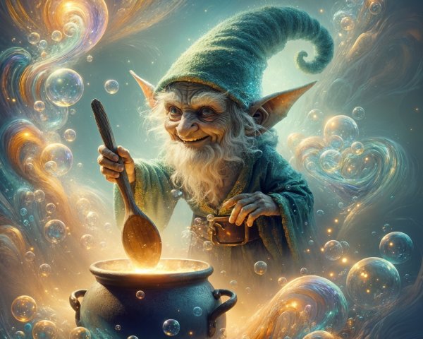Cheerful gnome stirring a magical bubbling cauldron