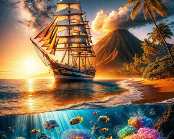 Tall Ship at Sunset with Volcano and Coral Reefs