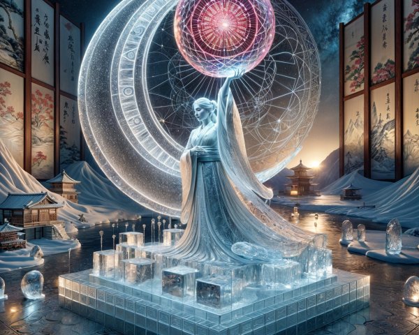 Serene Figure with Orb in Ethereal Landscape