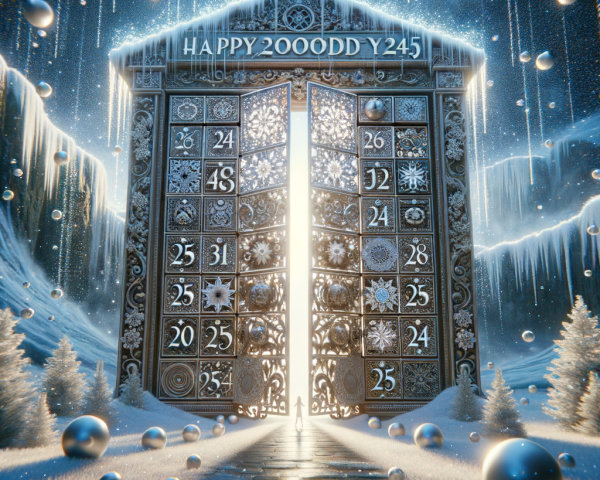 Ornate Winter Scene with Illuminated Dark Gate