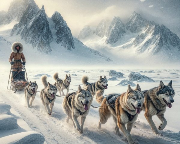 Husky Sledding in a Rugged Arctic Landscape