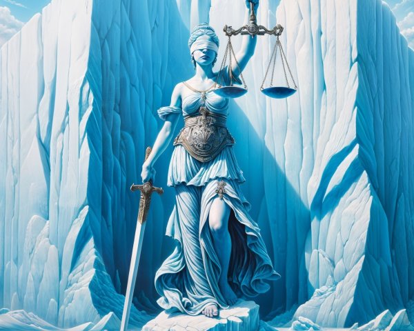 Statue of Justice on Rocky Icy Platform with Scales