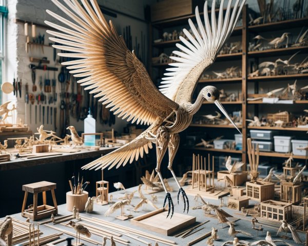 Wooden Crane and Bird Sculptures in Workshop Setting