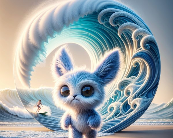 Fluffy Blue Bunny on Beach with Ocean Wave and Surfer
