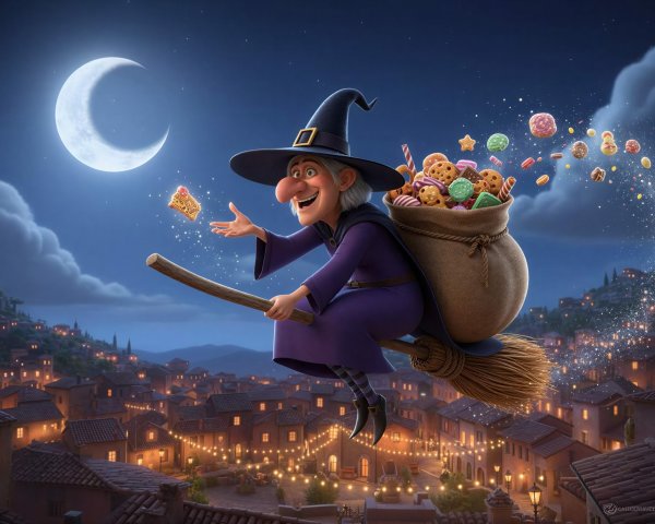 Cheerful witch flying at night with sweets and moonlight