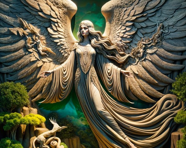 Angelic Figure with Detailed Wings in Serene Landscape