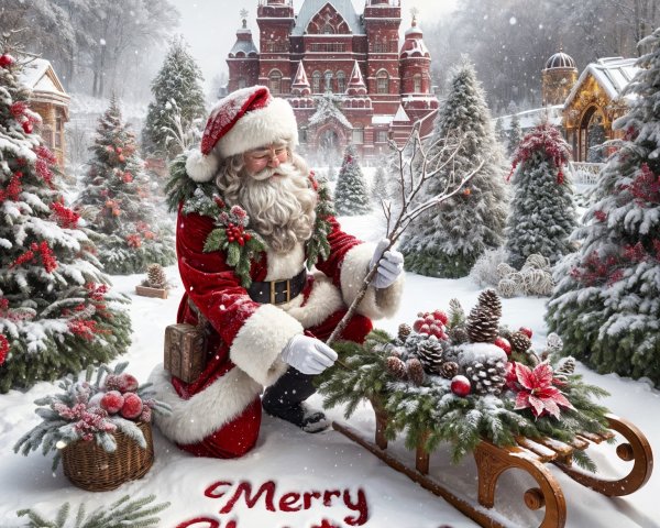Santa Claus in a snowy landscape with festive trees