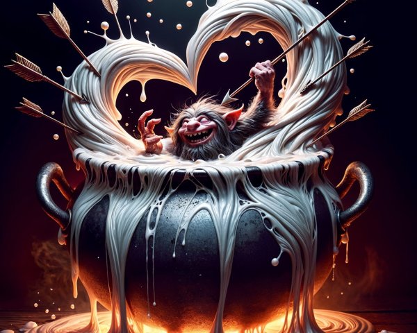 Mischievous creature in glowing cauldron with bubbles
