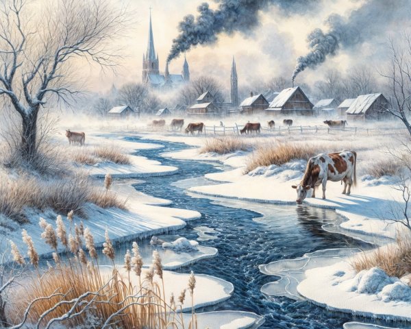 Winter Landscape with River and Grazing Cows