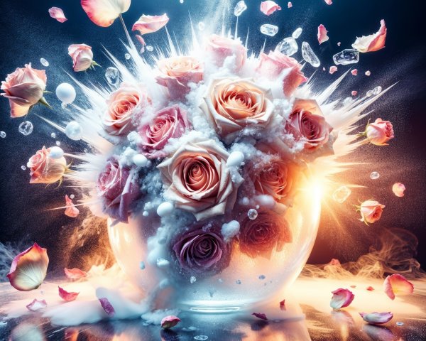 Pink Roses in Glass Vase with Petals and Droplets