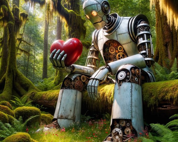 Robot Holding Heart in Lush Forest Setting