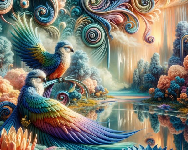 Vibrant Landscape with Colorful Birds and Lake Scene