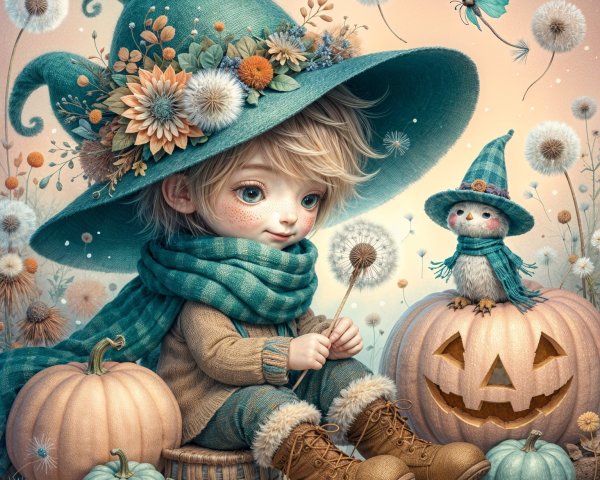 Joyful Child in Witch Hat Surrounded by Pumpkins