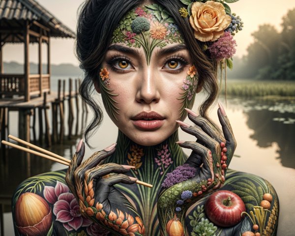 Portrait of a woman with botanical body art and flowers