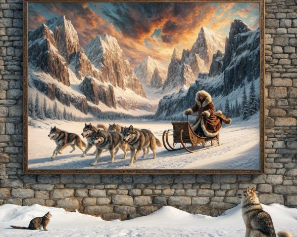 Inuit Figure on Sled with Huskies in Snowy Landscape