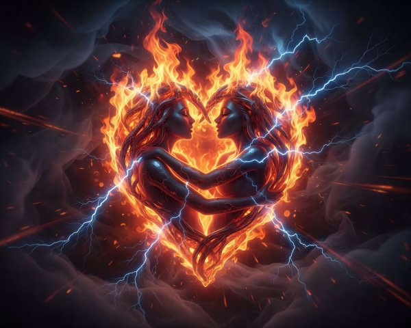 Women Embracing in Fiery Heart with Dark Background