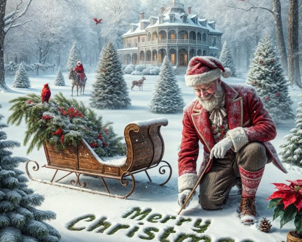 Santa Claus Writing in Snowy Winter Landscape