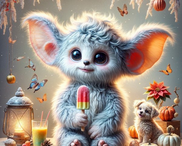 Fluffy Creature with Popsicle in Autumn Setting