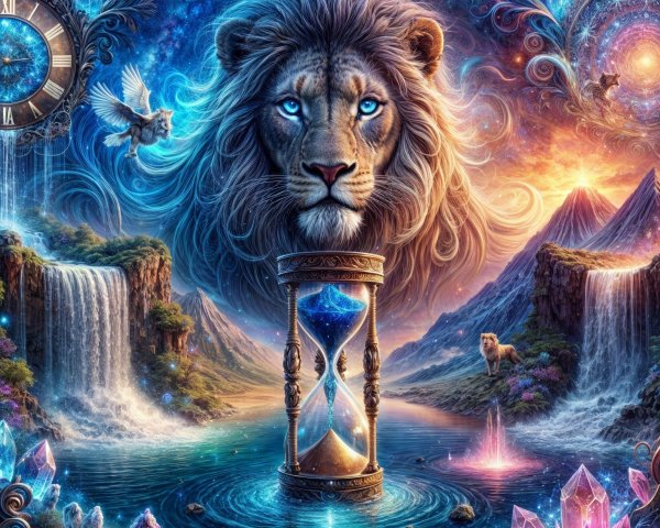 Majestic lion in cosmic landscape with hourglass and creatures