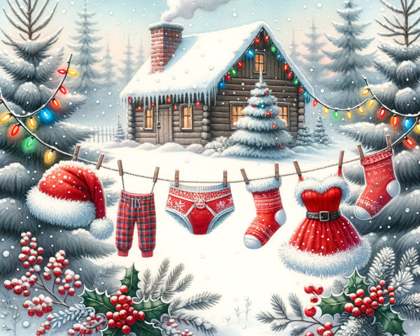 Winter Scene with Cabin and Christmas Clothesline