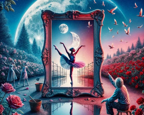 Ballerina in Mid-Dance with Two Moons and Roses