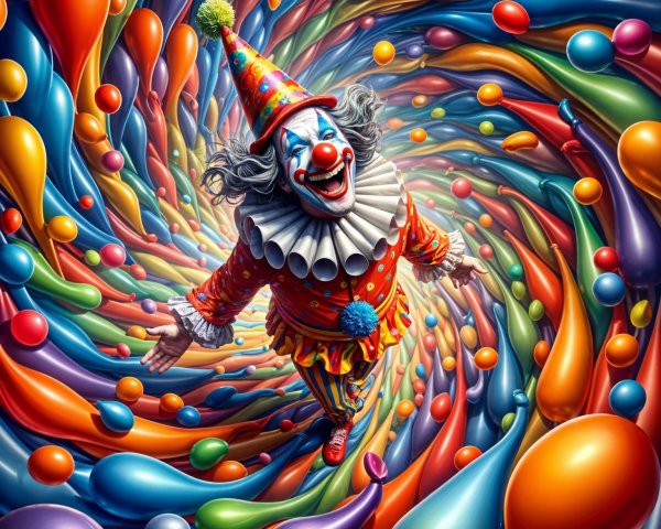 Whimsical Clown Surrounded by Colorful Teardrop Shapes