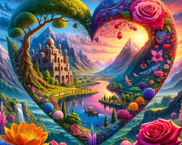 Heart-Shaped Landscape with Castle and Sunset Sky