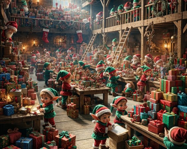 Cheerful Elves Assembling Toys in a Festive Workshop