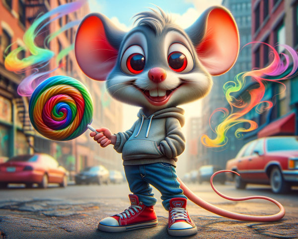 Cartoon Mouse in Urban Setting with Lollipop