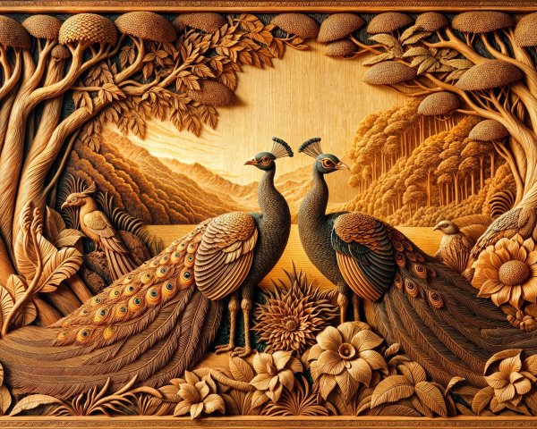 Wooden Carving of Two Peacocks in Lush Landscape