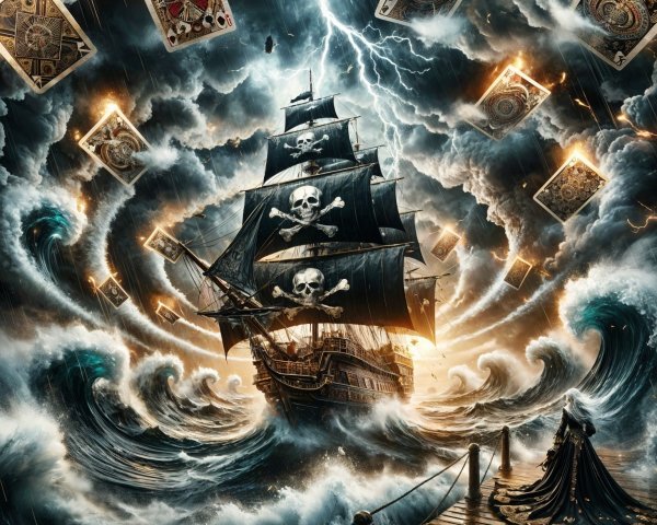 Pirate Ship Battling Stormy Waves and Lightning