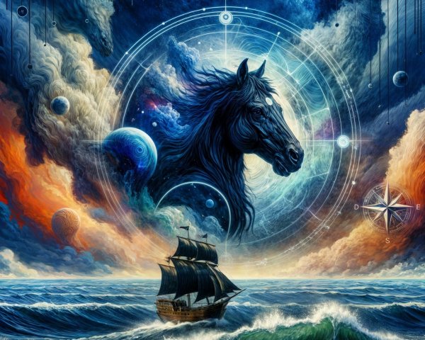 Majestic Black Horse in Cosmic Fantasy Scene