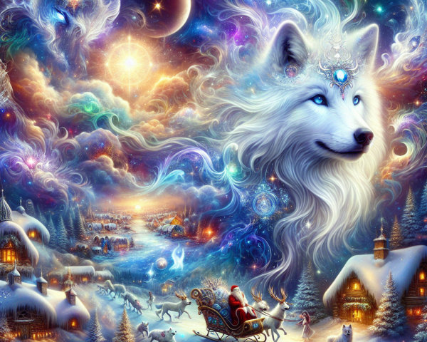 Majestic Wolf and Santa in Dreamlike Winter Scene