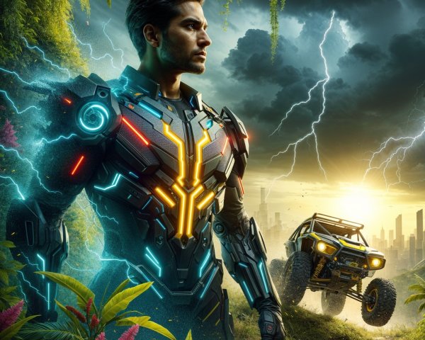 Futuristic hero in high-tech suit against stormy skies