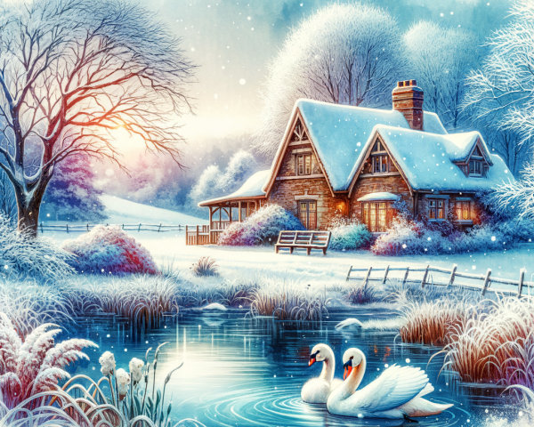 Cottage in a snowy landscape with swans and pond