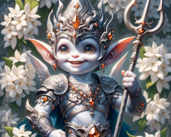 Whimsical creature in armor among blooming flowers
